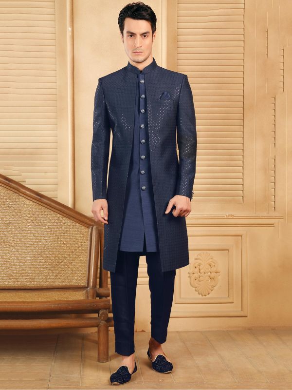 Blue Sequined Mens Indo Western In Silk