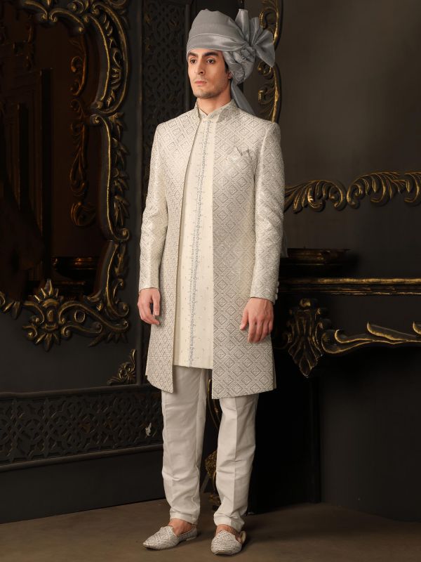 Off White Sequined Sherwani Set In Silk