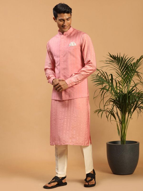 Pink Embroidered Festive Kurta Pyjama In Silk