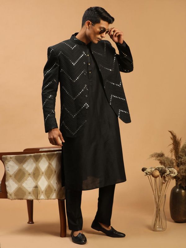 Black Readymade Kurta Pyjama With Embroidered Jacket