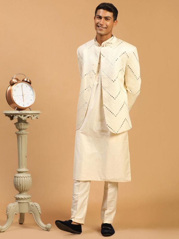 White Readymade Kurta Pyjama With Embroidered Jacket