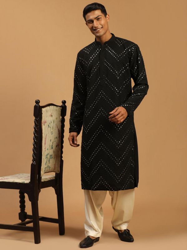 Buy Cotton Embroidered Pathani Suit in Black for Men Online : Switzerland -