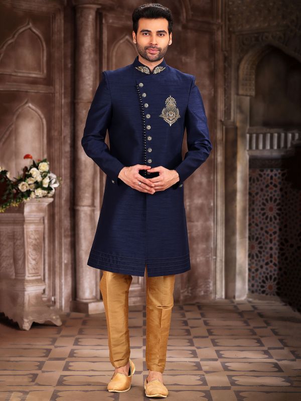 Blue Embroidered Indo Western Set In Art Silk