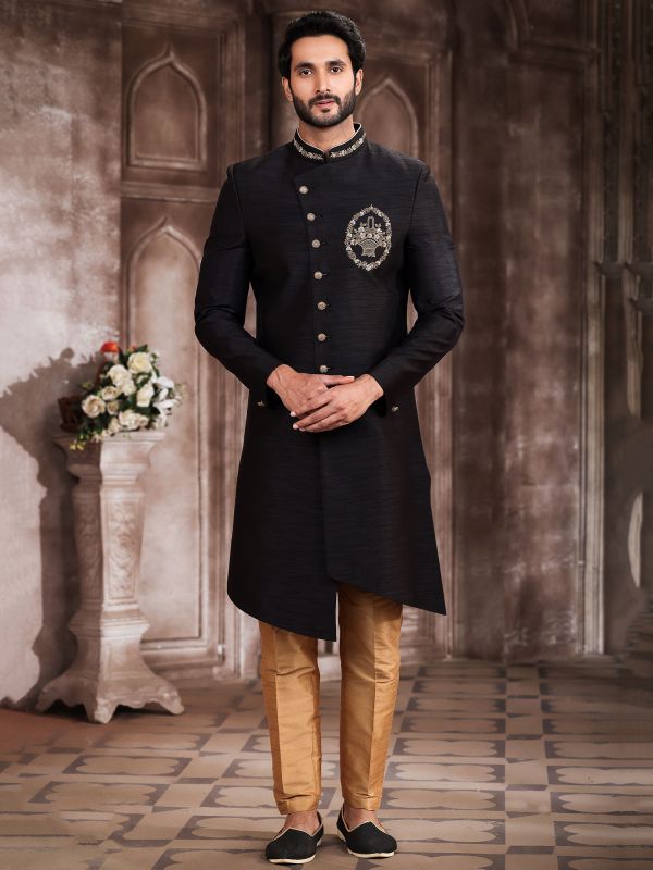 Buy Indo Western Outfits for Men - Achkan style sherwani, Black Achkan, Indo  Western Menswear Online India | Bonsoir