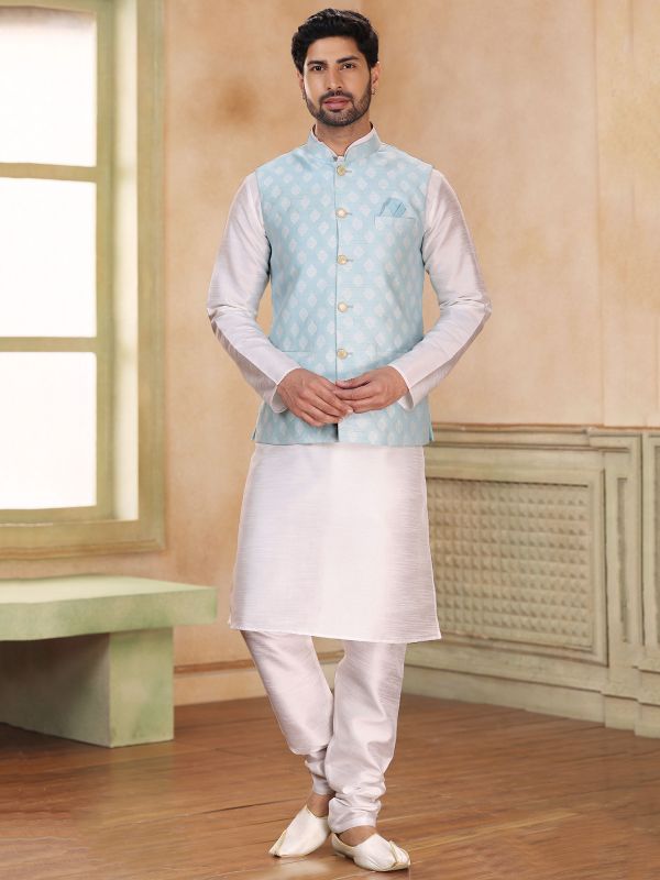 White Party Wear Kurta Pyjama With Woven Jacket