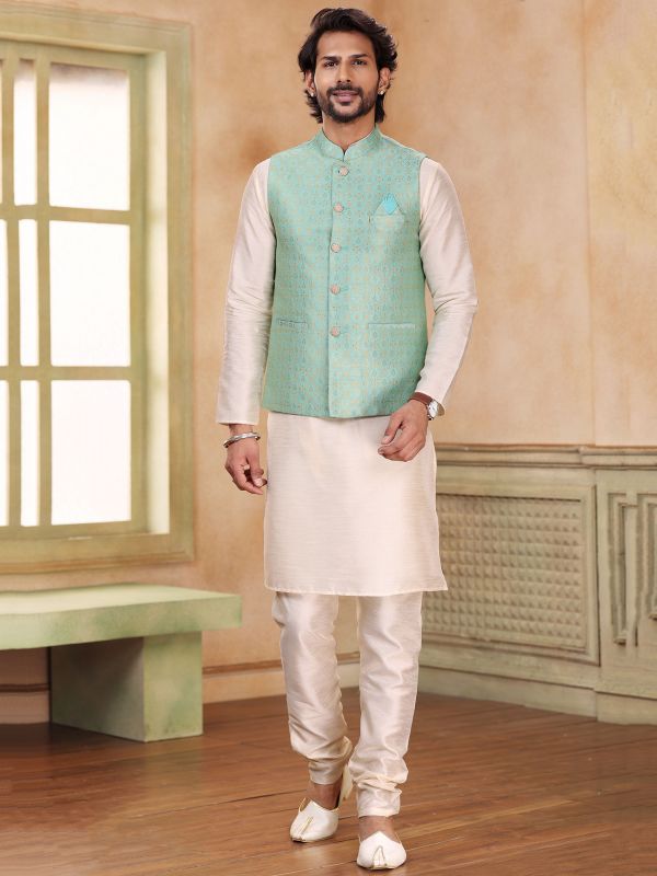 White Kurta Pyjama With Blue Woven Jacket