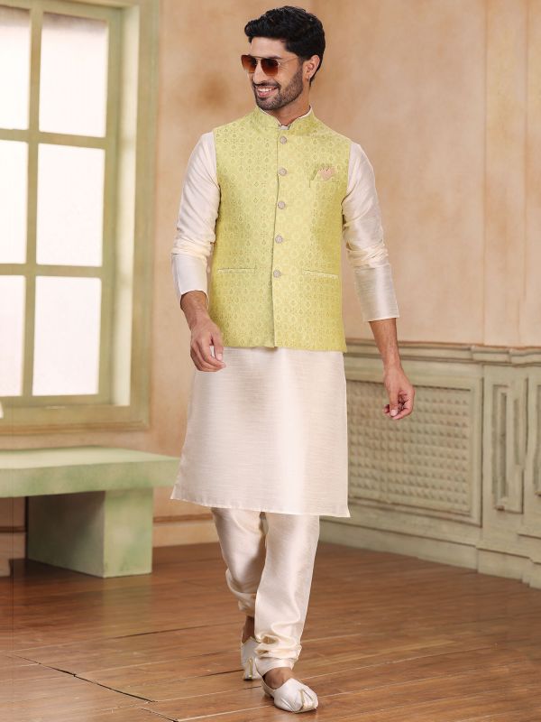 White Party Wear Kurta Pajama In Art Silk