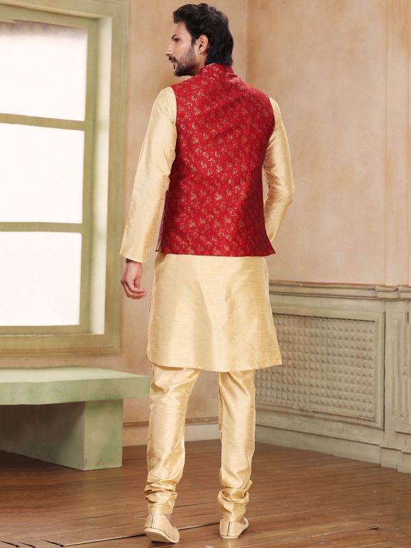 Beige Art Silk Mens Wear Kurta Pajama Set