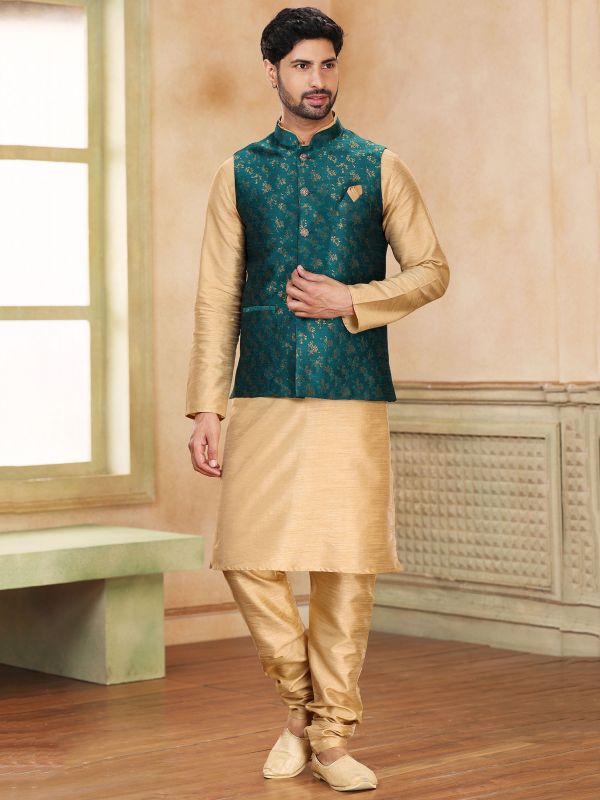 Beige Festive Silk Kurta Pyjama With Jacket