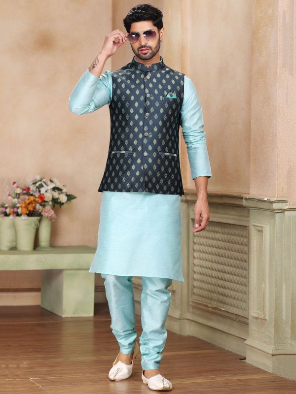 Blue Festive Kurta Pyjama Set In Silk