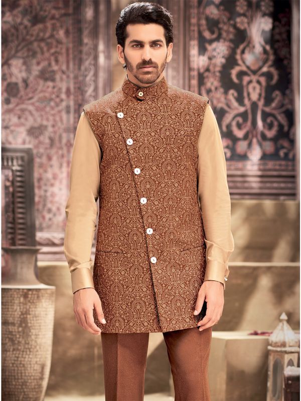 Brown Readymade Embroidered Nehru Jacket