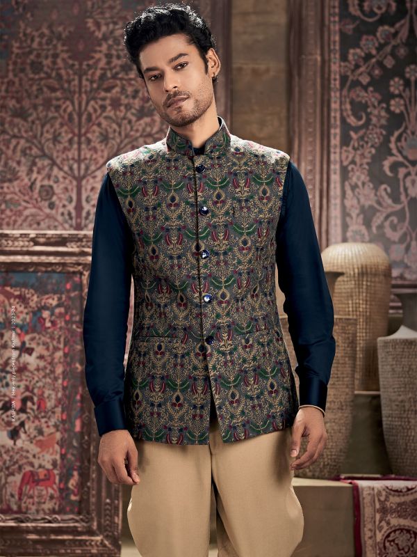Blue Thread Embroidered Silk Nehru Jacket