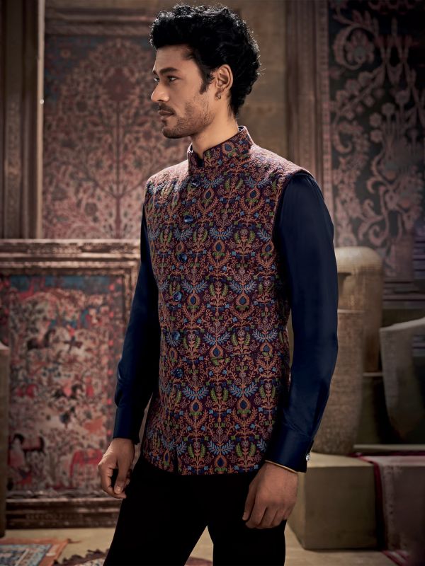 Purple Readymade Embroidered Silk Nehru Jacket