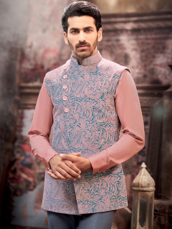 Pink Silk Nehru Jacket With Thread Embroidered