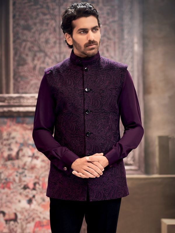 Purple Mens Nehru Jacket With Thread Embroidered