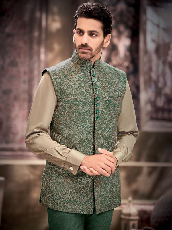 Green Traditional Style Embroidered Nehru Jacket