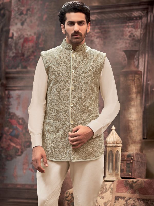 Green Festive Nehru Jacket With Traditional Embroidery