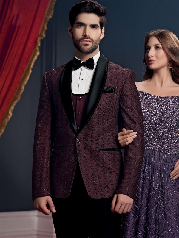 Maroon Party Wear Tuxedo In Italian Fabric