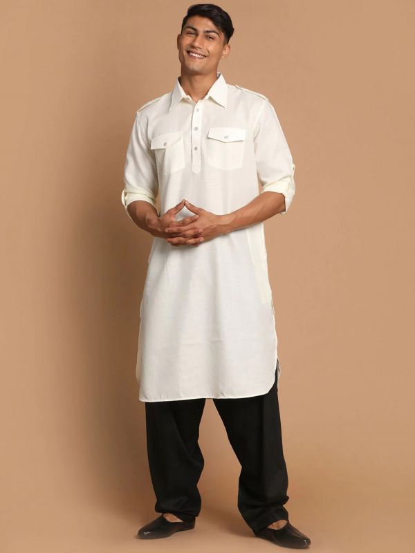 White Party Wear Pathani Kurta Pajama In Cotton