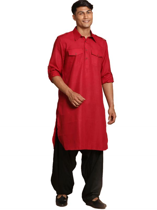 Red Festive Pathani Kurta Pajama In Cotton