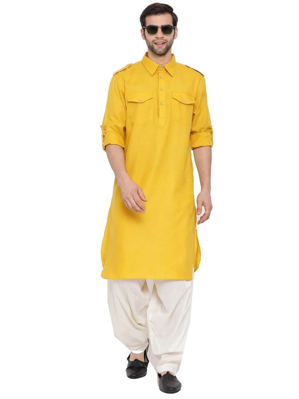 Yellow Festive Pathani Kurta Pyjama In Cotton