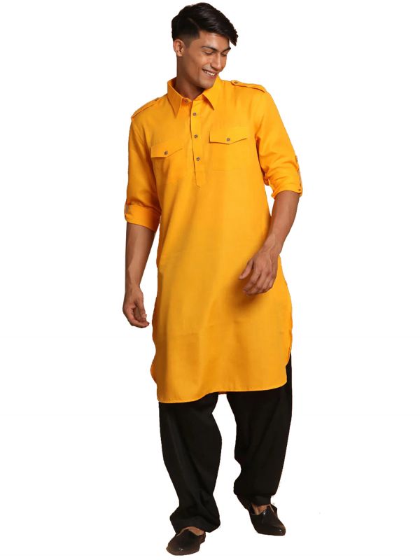 Yellow Cotton Readymade Kurta With Pathani Salwar