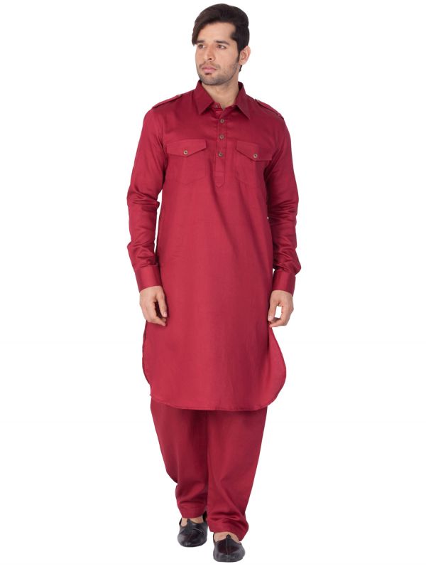 Red Festive Cotton Kurta With Pathani Salwar