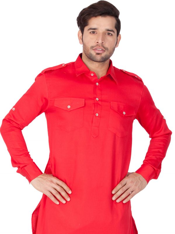 Red Redaymade Pathani Suit In Cotton Wear