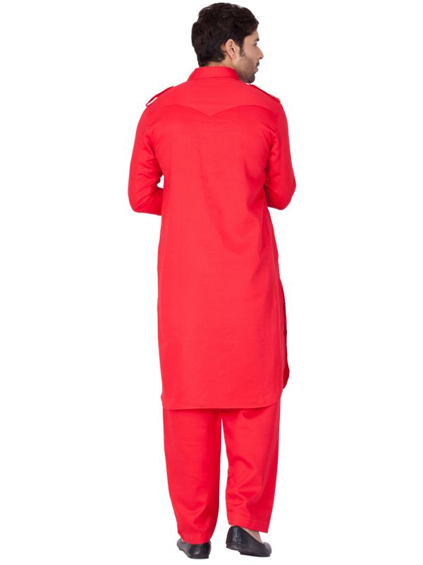 Red Redaymade Pathani Suit In Cotton Wear