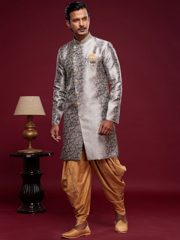 Grey Banarasi Silk Dhoti Style Indo Western