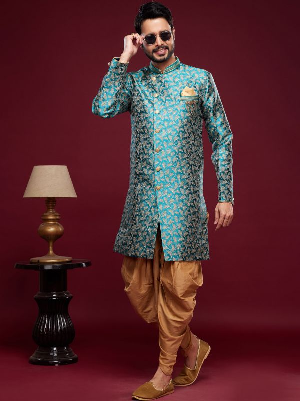 Blue Dhoti Style Indo Western In Banarasi Silk