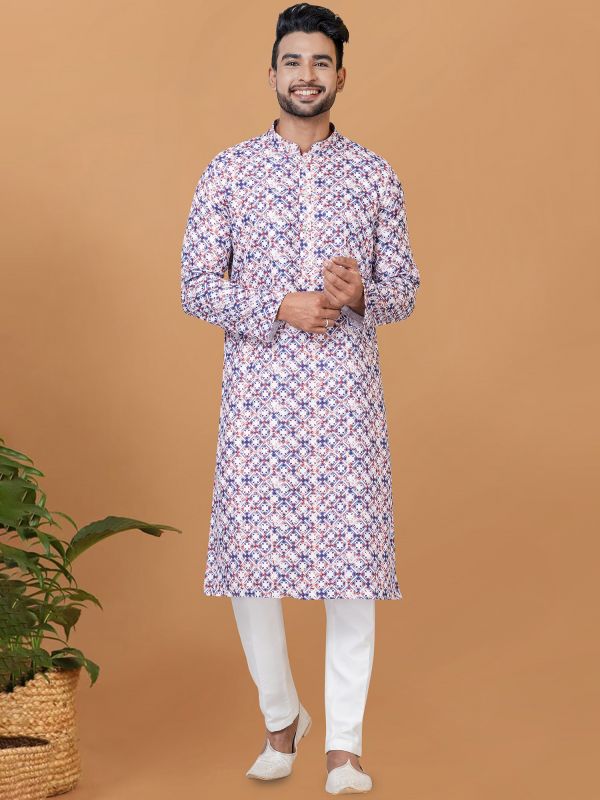 White And Purple Printed Kurta Pyjama Set