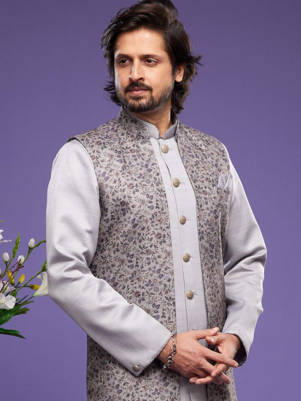 Grey Art Silk Indo Western With Printed Jacket
