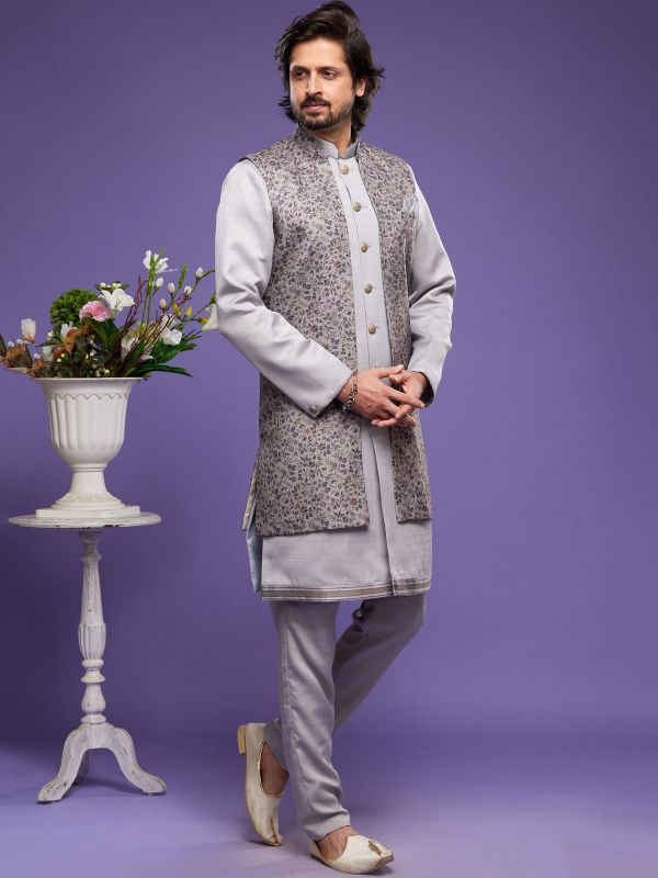 Grey Art Silk Indo Western With Printed Jacket