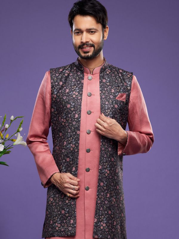 Pink Silk Indo Western With Floral Print Jacket