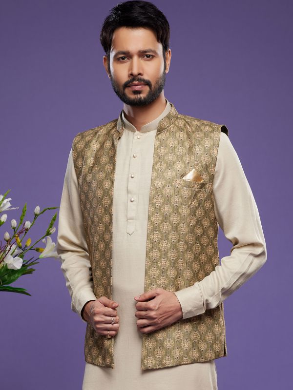 Beige Festive Kurta Pyjama With Printed Jacket