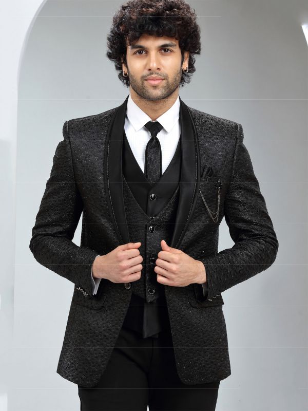 Black Embroidered Mens Three Piece Suit