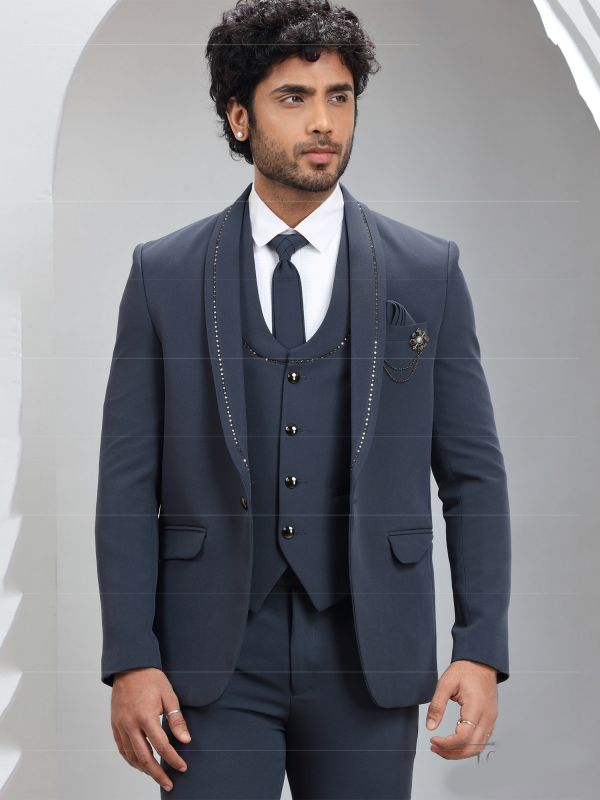 Blue Italian Mens Suit With Stone Embellished