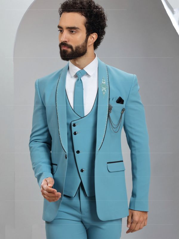 Light Blue Imported Mens Suit In Cutdana Work