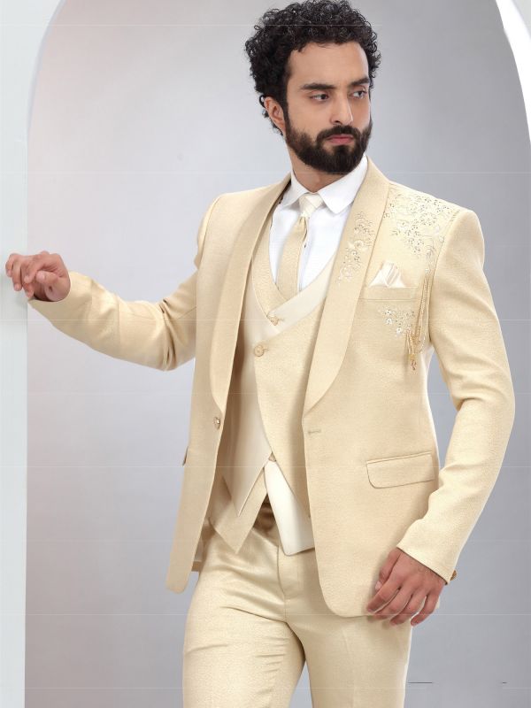 Cream Hand Embroidered Mens Suit In Three Piece