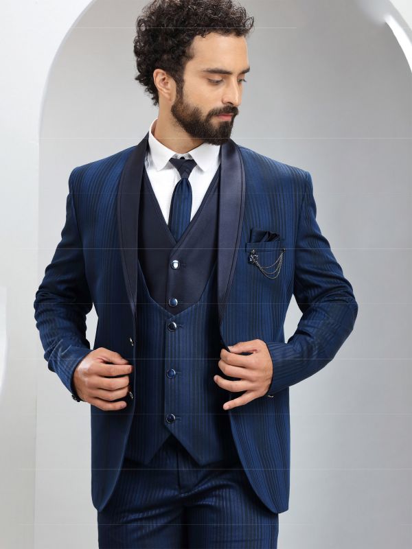 Blue Woven Textured Mens Suit