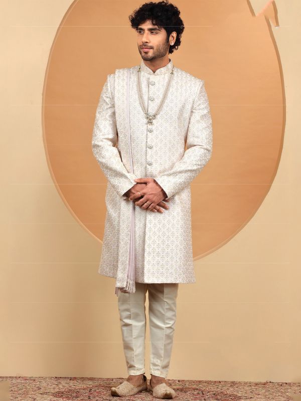 White Hand Embroidered Mens Sherwani In Silk