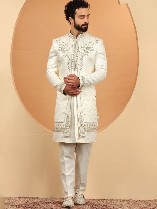 White Jacquard Mens Sherwani In Embroidery