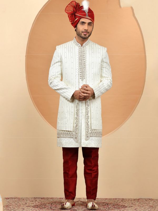 White Silk Mens Sherwani In Jacketed Style