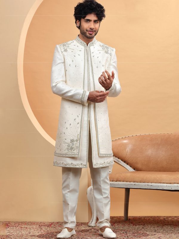 White Jacketed Style Mens Sherwani In Jacquard