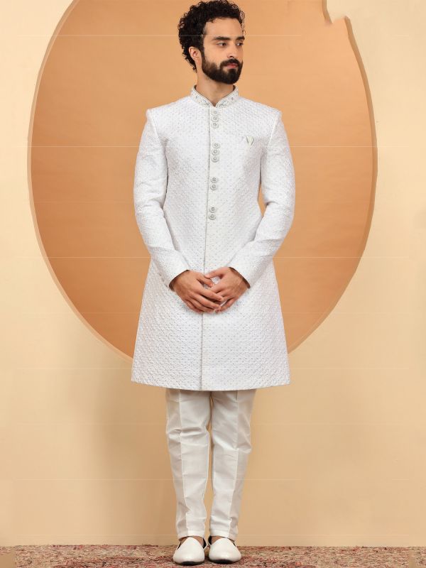 White Silk Wedding Sherwani For Mens
