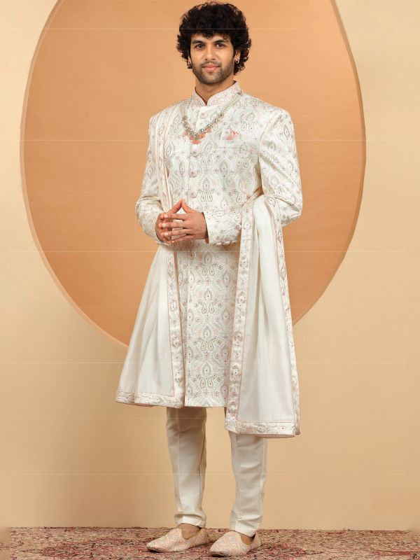 White Embroidered Grooms Sherwani In Silk