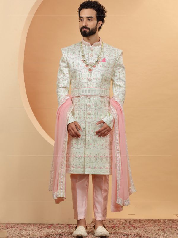 White Woven Mens Wedding Wear Sherwani 