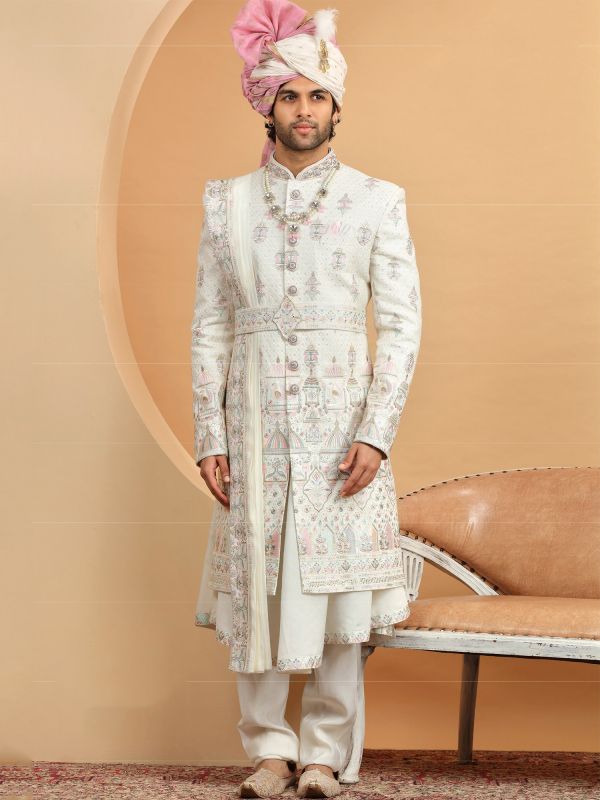White Silk Grooms Anarkali Kurta Sherwani