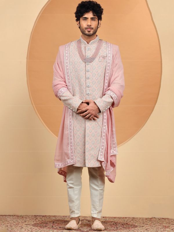 Pink Hand Work Embroidered Mens Sherwani